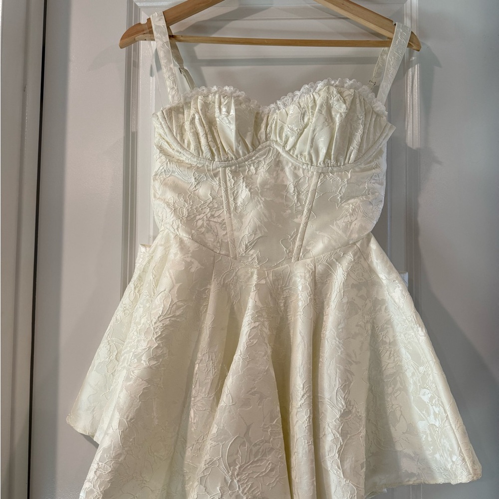 Ivory Floral Jacquard Mini Dress with Corset Bodice by